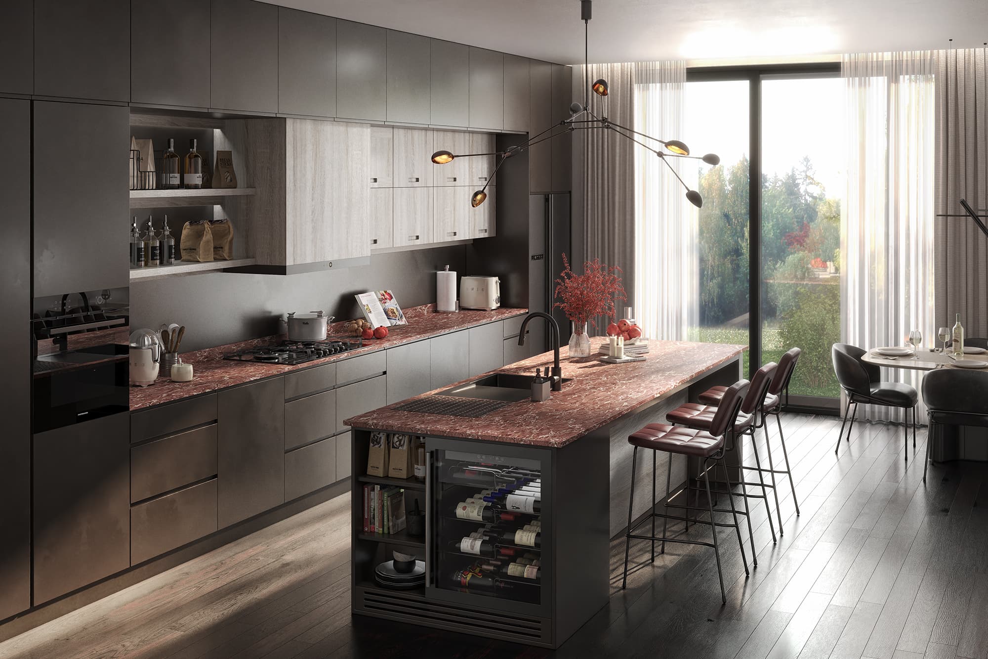 Kitchen product CGI scene with rosso marble worktop, cabinet fronts, sink, tap and finishes
