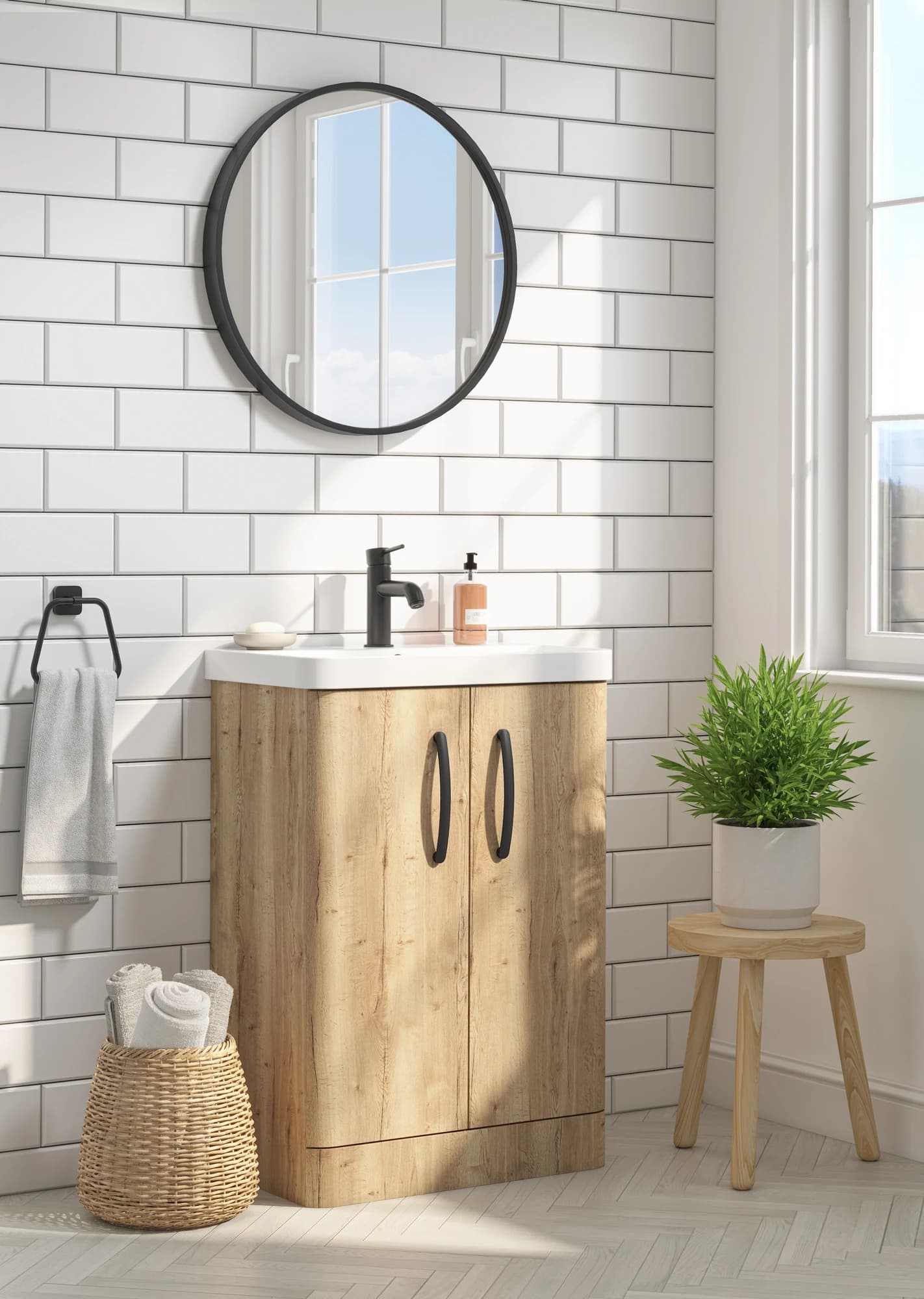 Halifax oak bathroom furniture product CGI in a styled roomset
